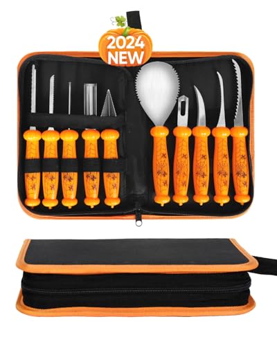 Sodwot Kürbis Schnitzset, 10 Stück Halloween Kürbis Schnitzwerkzeug Carving Set, Edelstahl Kürbis Schnitzwerkzeug mit Aufbewahrungstasche, DIY Kürbis Schnitzmesser für Kinder & Erwachsene von Sodwot