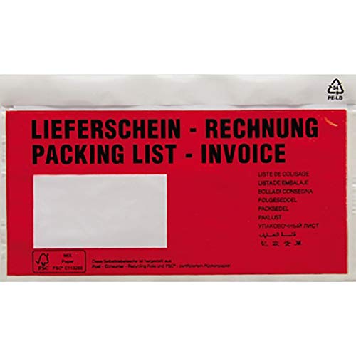 Dokumententasche DIN lang Rot Lieferschein-Rechnung, mehrsprachig mit Selbstklebung 250 St./Pack. 25 von Soennecken