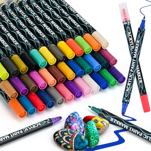 Sofore 36 Farben Acrylstifte für Steine 1-5mm Dual Tip Wasserfest Permanent Marker Stifte Steine Bemalen Multimarker für Glas Papier, Keramik, Leinwand, Basteln, Geschenkekarte von Sofore