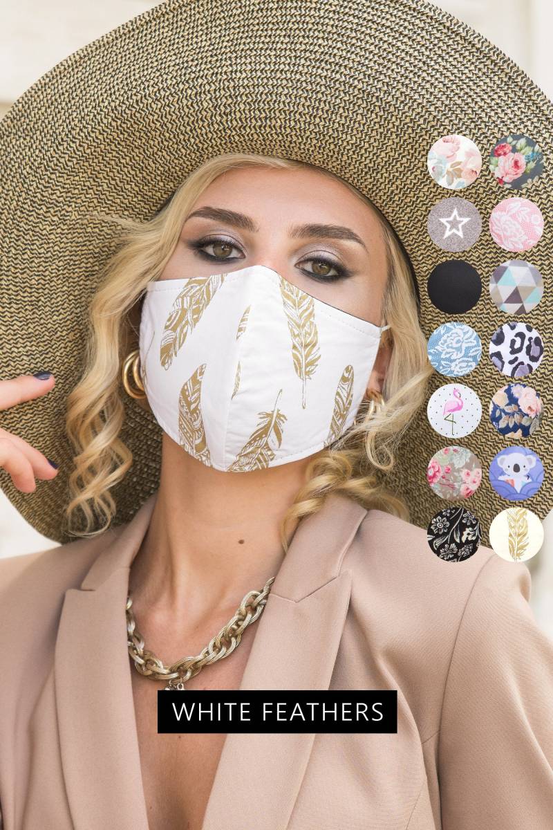 Hochzeit Gesichtsmaske Waschbar Baumwolle Weiß Federn Maske, Damen Gesichtsbedeckung Filtertasche, Wiederverwendbare Stoff Stoff Gemusterte von SoftFeelingsArt