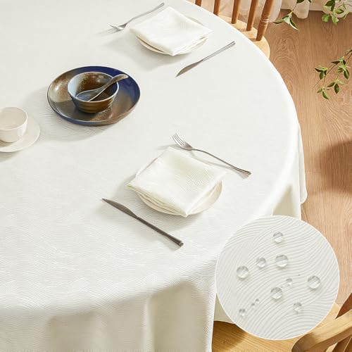 Softalker Abwaschbar Tischdecke Rund 80 cm Beige Mitteldecke mit Jacquard-Streifenmuster kleines Tischtuch Wasserabweisend Abwischbar Fleckschutz für Weihnachten Party Geburtstag Outdoor Garten von Softalker