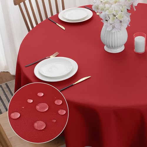 Softalker Rote Tischdecke Weihnachten Rund 160 cm Abwaschbare Silvester Tischdecke Wasserabweisend und Fleckschutz aus 210 GSM Polyester Tischtuch Pflegeleicht für Holztisch Garten Geburtstags Party von Softalker