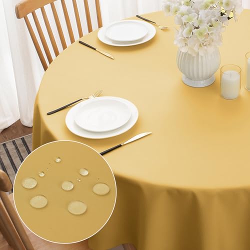 Softalker Runde Tischdecke Herbst 200 cm Abwaschbare Gold Tischdecken Wasserabweisend und Fleckschutz aus 210 GSM Polyester Tischtuch Pflegeleicht für Outdoor Geburtstags Party Weichnachts Silvester von Softalker