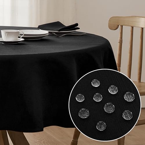 Softalker Schwarze Tischdecke rund 120 Abwaschbar Wasserabweisend Abwischbar Fleckschutz Leinen Struktur Deko für Outdoor Draußen Gartentisch Party Geburtstag Silvester Weihnachten Garten von Softalker