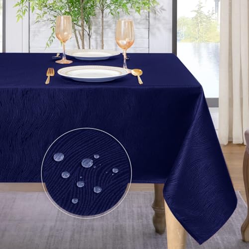 Softalker Tischdecke 320 x 140 Dunkle Blau Navy Abwaschbar Wasserabweisend Jacquard-Wellenmuster rechteckig großes Tischtuch für Outdoor Draußen Garten Party Geburtstag Sommer Winter Weihnachten von Softalker