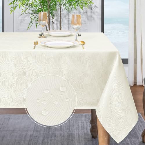 Softalker Tischdecke 320 x 140 Weihnachten Abwaschbar Beige Wasserabweisend Jacquard-Wellenmuster rechteckig großes Tischtuch für Outdoor Draußen Garten Party Geburtstag Silvester Hochzeit von Softalker