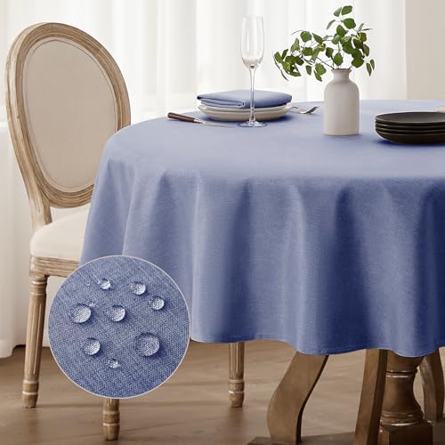 Softalker Tischdecke Blau Rund 160 cm Durchmesser abwaschbare Tischdecken Leinenoptik Tischtuch Wasserabweisende Gartentischdecke Klein Table Cloth für Herbst Outdoor, Hochzeiten, Party, Weihnachten von Softalker