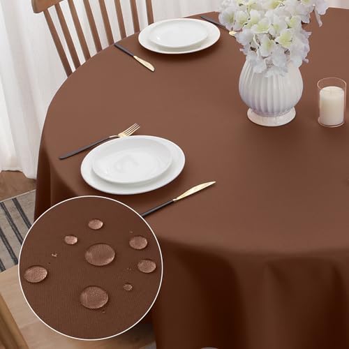 Softalker Tischdecke Braun Rund 140 cm Abwaschbare Tischdecken Wasserabweisend und Fleckschutz aus 210 GSM Polyester Tischtuch Pflegeleicht Table Cloth Herbstdecko Holztisch Outdoor Geburtstags Party von Softalker