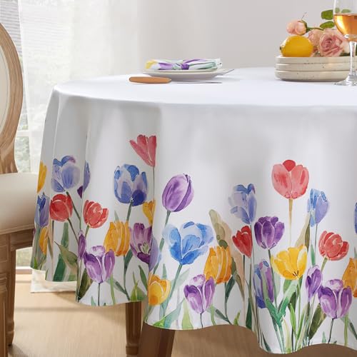 Softalker Tischdecke Frühling rund 140 cm abwaschbare Tulpe Tischdecken Outdoor Wasserabweisend und abwischbare Gartentisch Weiß Tischtuch Sommer Deko Balkon Party Hochzeiten Geburtstag Festliche von Softalker