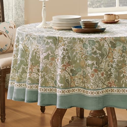 Softalker Tischdecke Frühling abwaschbare Rund 140 cm Grün Leinen Tischdecken mit Vintage-Blumen Tischdecken wasserabweisend Tischtuch Elegante Deko Festliche für Sommer Outdoor Garten Party von Softalker