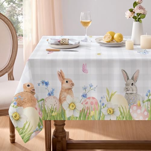 Softalker Tischdecke Ostern 240x140 cm abwaschbare Grau Weiss Kariert Kaninchen-Tischdecken Outdoor Wasserabweisend Gartentisch Rechteckig Tischtuch abwischbare Frühling für Garten Party Geburtstag von Softalker