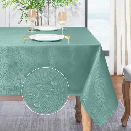 Softalker Tischdecke Outdoor Mintgrün 100x140 mit Jacquard-Wellenmuster Abwaschbar Wasserabweisend Abwischbar Fleckschutz rechteckig Tischtuch für Sommer Frühling Draußen Garten Party Geburtstag von Softalker