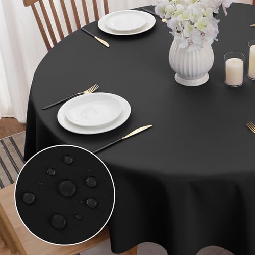 Softalker Tischdecke Rund 160 cm Abwaschbar Tischdecken Schwarz Tischtuch aus 210 GSM Polyester Fleckschutz Tischwäsche Kratzfest Table Cloth für Outdoor, Garten, Hochzeiten von Softalker