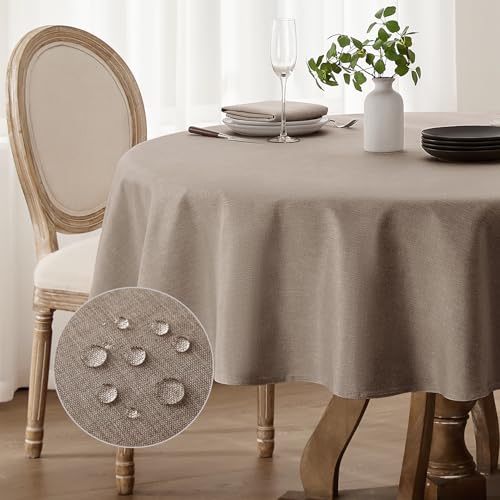 Softalker Tischdecke Rund 160 cm Durchmesser abwaschbare Tischdecken Leinenoptik Beige Braun Tischtuch Wasserabweisende Gross Gartentischdecke Table Cloth für Outdoor Herbst, Einschulung, Party von Softalker