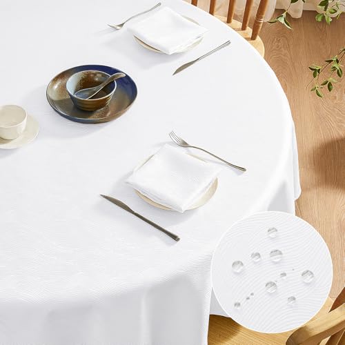 Softalker Tischdecke Rund Weihnachten 160 Weiß abwaschbar Jacquard-Wellenmuster Wasserabweisend Abwischbar Fleckschutz Tischtuch Tablecloth für Outdoor Draußen Party Geburtstag Silvester Hochzeit von Softalker