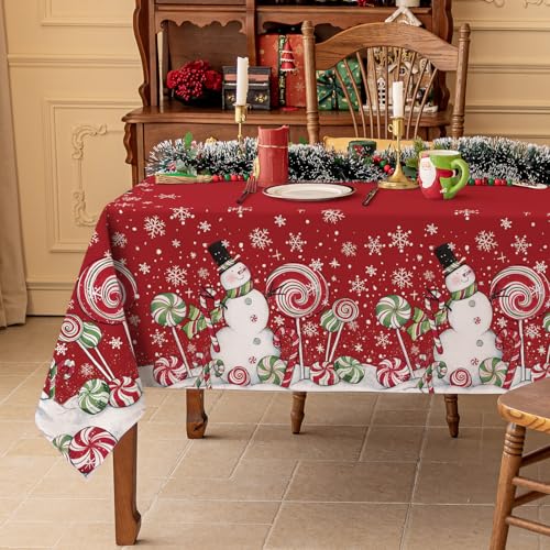 Softalker Tischdecke Weihnachten 140x320 cm Abwaschbare Rot Weihnachtstischdecke Weiß Schneemann Tischdecken Silvester Wasserabweisend Tischtuch Winter für drinnen und draußen Party Holztisch Dekor von Softalker