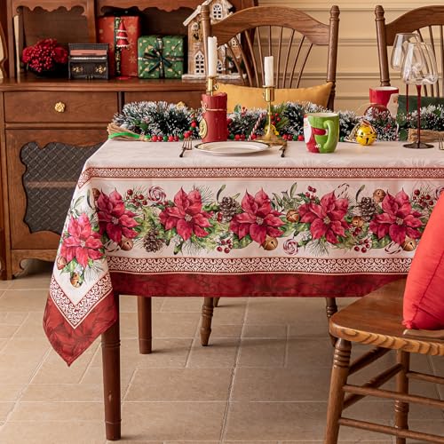 Softalker Tischdecke Weihnachten 80x80 cm Abwaschbare Beige Mitteldecke mit Rote Weihnachtssternen Weihnachtstischdecke Wasserabweisend Tischdecken Winter Tischtuch Deko Festlich für Silvester Outdoor von Softalker