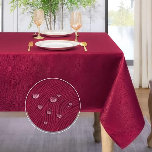 Softalker Tischdecke Weihnachten Rot 80x80 Mitteldecke abwaschbar mit Jacquard-Wellenmuster Tischtuch quadratisch Wasserabweisend Abwischbar Fleckschutz für Party Geburtstag Outdoor Garten Neujahr von Softalker