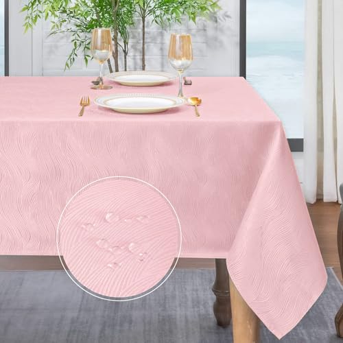 Softalker Tischdecke rosa 100x140 mit Jacquard-Wellenmuster Abwaschbar Wasserabweisend Abwischbar Fleckschutz rechteckig Tischtuch für Outdoor Draußen Garten Party Mädchen Geburtstag von Softalker