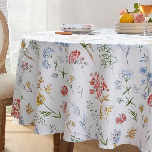 Softalker Tischdecke rund 140 cm abwaschbare Frühling Blumen Tischdecken Outdoor Wasserabweisend und abwischbare Gartentisch Weiß Tischtuch Sommer Deko Balkon Party Hochzeiten Geburtstag Festliche von Softalker