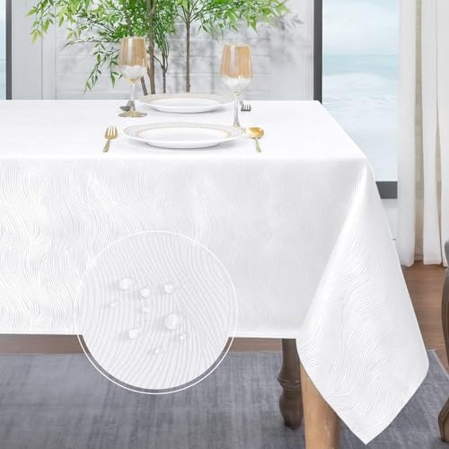 Softalker Weihnachten Mitteldecke Tischdecke abwaschbar weiß 100x100 Jacquard-Wellenmuster kleines Tischtuch Wasserabweisend Abwischbar Quadratisch Fleckschutz Outdoor Garten Party Silvester von Softalker