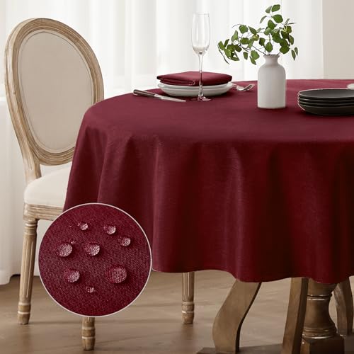 Softalker Weihnachten Rot Tischdecke rund 200 cm abwaschbare Tischdecken Leinenoptik Tischtuch Silvester Wasserabweisende Gross Gartentischdecke Table Cloth für Outdoor Herbst, Einschulung, Party von Softalker