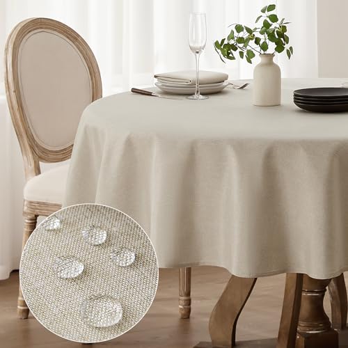 Softalker tischdecke rund 180 cm Durchmesser tischdecken abwaschbar leinenoptik beige tischtuch Wasserabweisende tischwäsche klein gartentischdecke Table Cloth für Camping, Hochzeiten, Geburtstag von Softalker