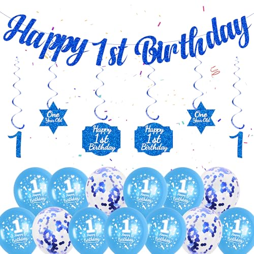 1. Geburtstag Dekorationen für Jungen - Blau Happy 1st Birthday Banner Hängende Wirbel Konfetti Luftballons und 1. Geburtstag Luftballons für Jungen Erste Geburtstagsfeier von Soireeparty