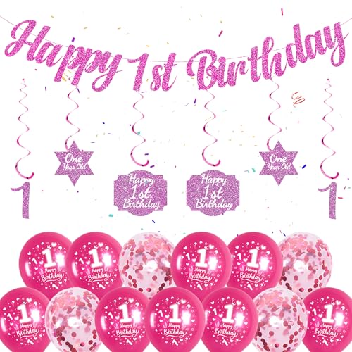 1. Geburtstag Dekorationen für Mädchen - Rosa Happy 1st Birthday Banner, hängende Wirbel, Konfetti Luftballons und 1. Geburtstag Luftballons für Mädchen erste Geburtstagsfeier von Soireeparty