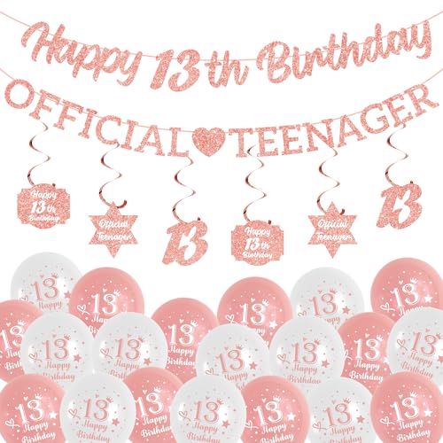 13 Geburtstag Dekorationen Roségold - Glitzer Offizielle Teenager Happy 13th Birthday Banner Hängende Wirbel Latex Ballons für Mädchen 13 Jahre alt Geburtstag Jubiläum Party Dekor von Soireeparty