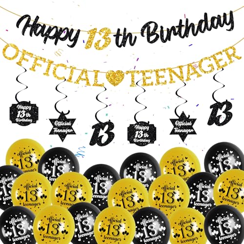 13 Geburtstag Dekorationen Schwarz Gold - Glitzer Offizielle Teenager Happy 13th Birthday Banner Hängende Wirbel Latex Ballons für Jungen Mädchen 13 Jahre Alt Geburtstag Jubiläum Party Dekor von Soireeparty