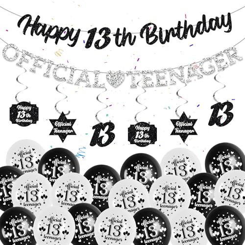 13 Geburtstag Dekorationen Schwarz Silber - Glitzer Offizielle Teenager Happy 13th Birthday Banner, Hängende Wirbel, Latexballons für Jungen Mädchen 13 Jahre alt Geburtstag Jubiläum Party Dekor von Soireeparty