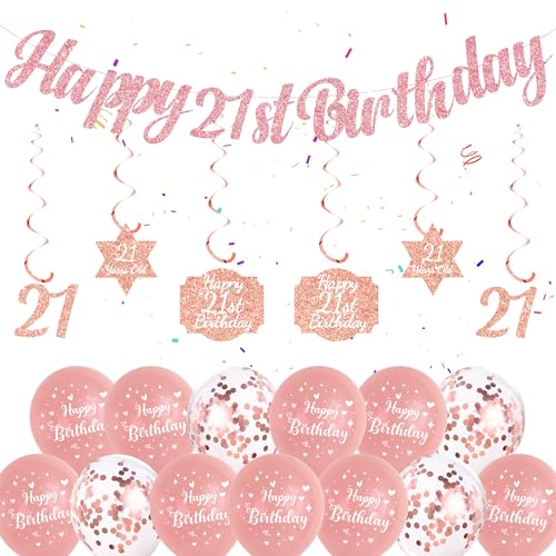 21 Geburtstag Dekorationen für Sie - Rose Gold Happy 21st Birthday Banner Hängende Wirbel Konfetti Luftballons und 21. Luftballons für Mädchen Frauen Erwachsene 21. Geburtstag Party von Soireeparty