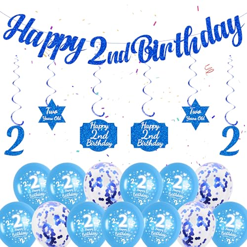 2nd Birthday Decorations for Boys - Blue Happy 2nd Birthday Banner, Hanging Wirls, Confetti Balloons, and 2nd Birthday Balloons for Boys 2nd Birthday Party von Soireeparty