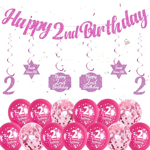 2nd Birthday Decorations for Girls - Pink Happy 2nd Birthday Banner, Hanging Wirls, Confetti Balloons, and 1st Birthday Balloons for Girls 2nd Birthday Party von Soireeparty