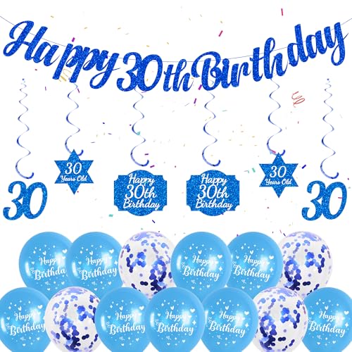 30 Geburtstag Dekorationen für Männer - Blau Happy 30th Birthday Banner, hängende Wirbel, Konfetti-Ballons und Luftballons zum 30. Geburtstag für Männer 30 Jahre alte Geburtstagsfeier von Soireeparty