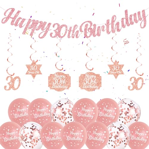 30. Geburtstag Dekorationen für Frauen - Rose Gold Happy 30th Birthday Banner, hängende Wirbel, Konfetti-Ballons und Luftballons zum 30. Geburtstag für Dame 30. 30. Geburtstag Party von Soireeparty