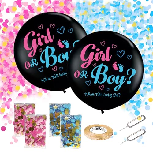 Gender Reveal Konfetti Ballon - 2 Stück 36 Zoll Schwarz Latex Ballon mit Rosa Blau Konfetti Bänder Pins für Mädchen Junge Ideen Baby Shower Party von Soireeparty