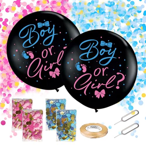 Gender Reveal Konfetti-Ballon - 2 Stück 91,4 cm schwarzer Latexballon mit rosa blauem Konfetti, Bändern und Stecknadeln für Jungen oder Mädchen, Babyparty-Ideen, Party von Soireeparty