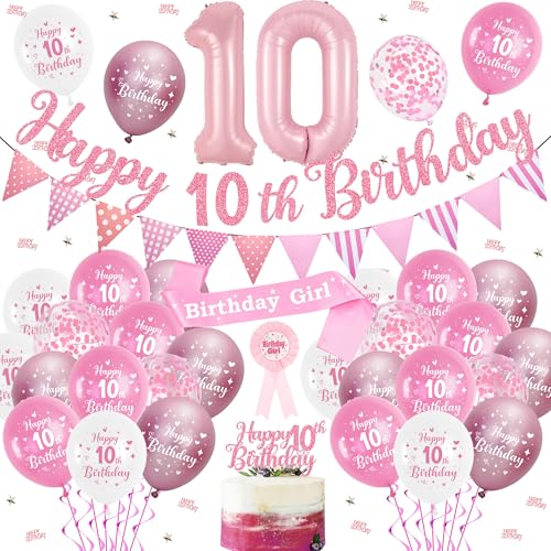 Rosa Dekorationen zum 10. Geburtstag Mädchen – 47 Stück Geburtstag Party Dekoration Banner Luftballons Set Geburtstag Mädchen Award Band Badge Schärpe Happy 10th Birthday Banner Ballon Kuchen Topper von Soireeparty