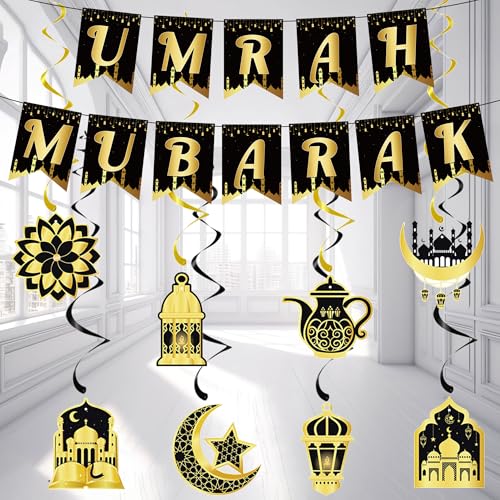 Umrah Mubarak Party Dekoration Banner - Ramadan Party Dekorationen Brief Folie Banner Set für Männer Frauen Schwarz Gold Gold Hängende Wirbel für Zuhause Ramadan Party Supplies von Soireeparty