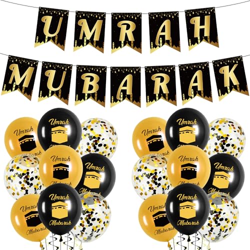 Umrah Mubarak Party Dekoration Banner - Schwarz Gold Ramadan Party Dekorationen Brief Banner Set für Männer Frauen, Umrah Mubarak Konfetti Latex Ballons für Zuhause Ramadan Party Supplies von Soireeparty