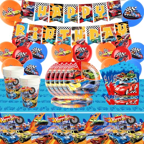 Autos Partygeschirr Set, 60 Stück Wheels Autos Partygeschirr Set, Rennauto Partygeschirr Set, Cars Geburtstagsdeko Teller, Pappbecher, Tischdecke, Servietten für Kindergeburtstag Party Supplies von SolWonder