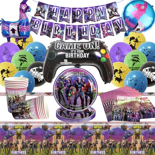 Fortnit Geburtstagsdeko, 55 Pcs Fortnit Partygeschirr Set, Gaming Party Geburtstag Deko, Fortnit Luftballons, Banner, Teller, Servietten, Tassen, Tischdecken, Fortnit Kindergeburtstag Deko - 10 Gäste von SolWonder