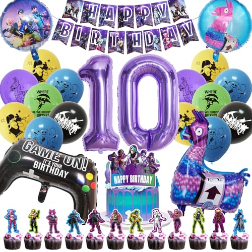 Fortnit Geburtstagsdeko 10 Jahre Junge, 51 Stück Gaming Party Geburtstag Deko, Fortnit Luftballon 10. Geburtstag Junge Set, 3D Lila Luftballons Fortnit Gamer Geburtstagsdeko für Kinder (10 Jahre) von SolWonder