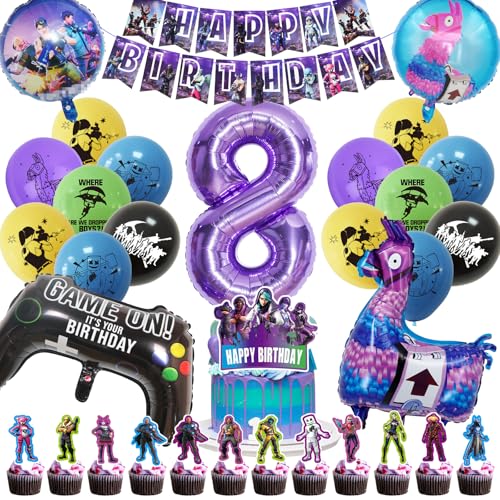 Fortnit Geburtstagsdeko 8 Jahre Junge, 51 Stück Gaming Party Geburtstag Deko, Fortnit Luftballon 8. Geburtstag Junge Set, 3D Lila Luftballons Fortnit Gamer Geburtstagsdeko für Kinder (8 Jahre) von SolWonder