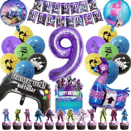 Fortnit Geburtstagsdeko 9 Jahre Junge, 51 Stück Gaming Party Geburtstag Deko, Fortnit Luftballon 9. Geburtstag Junge Set, 3D Lila Luftballons Fortnit Gamer Geburtstagsdeko für Kinder (9 Jahre) von SolWonder