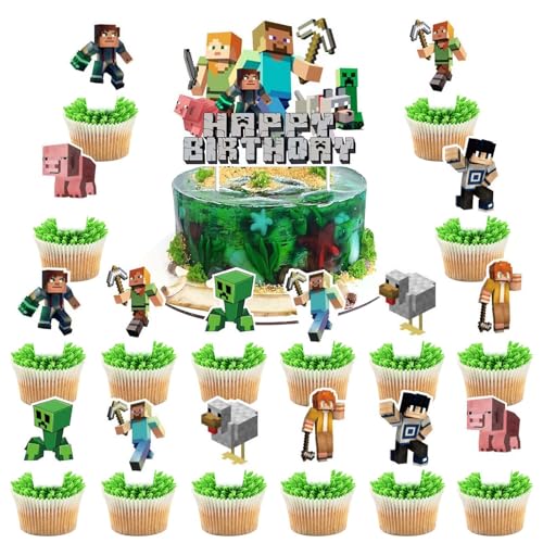 Mine-Craft Tortendeko Kindergeburtstag, 25 Stück Mine-Craft Cake Topper Geburtstag, Pixel Miner Crafting Kuchen Deko Geburtstag, Cupcake Deko für Pixel SolWonder Tortenfiguren Set von SolWonder