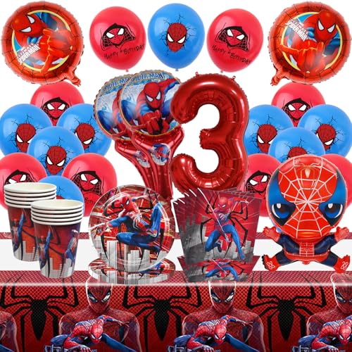 Party Kindergeburtstag für Spiderman Geburtstagsdeko 3 Jahre, 65 Stück Spiderman Geburtstagsdeko Partygeschirr Set, Spiderman Dekoration Luftballons Teller Becher Servietten Tischdecke (3 Jahre) von SolWonder