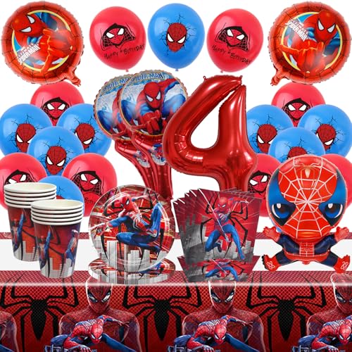 Party Kindergeburtstag für Spiderman Geburtstagsdeko 4 Jahre, 65 Stück Spiderman Geburtstagsdeko Partygeschirr Set, Spiderman Dekoration Luftballons Teller Becher Servietten Tischdecke (4 Jahre) von SolWonder